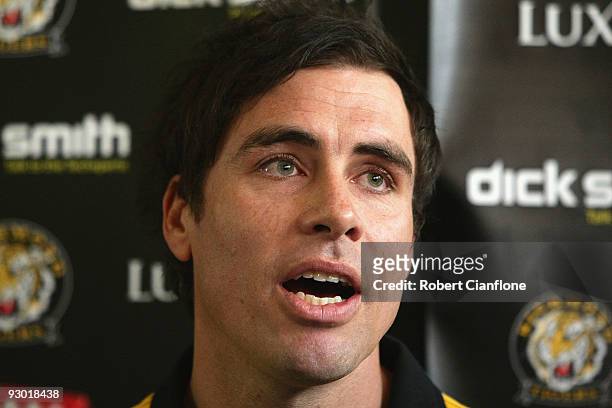 Matthew Richardson of the Richmond Tigers talks to the media as he announces his AFL retirement at Punt Road Oval on November 13, 2009 in Melbourne,...