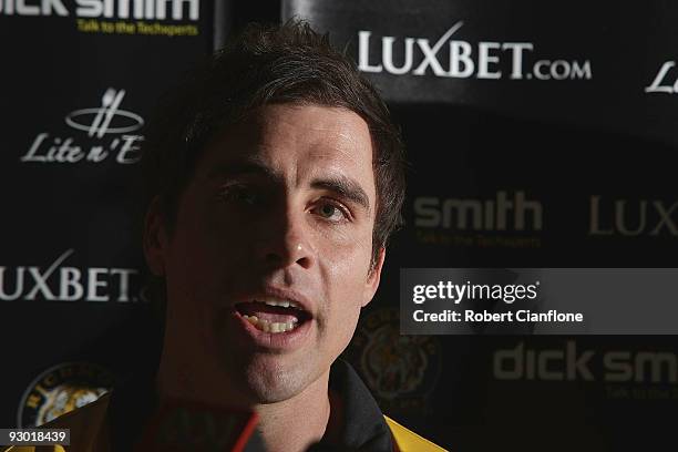 Matthew Richardson of the Richmond Tigers talks to the media as he announces his AFL retirement at Punt Road Oval on November 13, 2009 in Melbourne,...