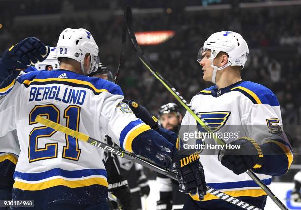 Colton Parayko of the St. Louis Blues celebrates his goal with Patrik Berglund to take a 2-0 led over the Los Angeles Kings during the first period...