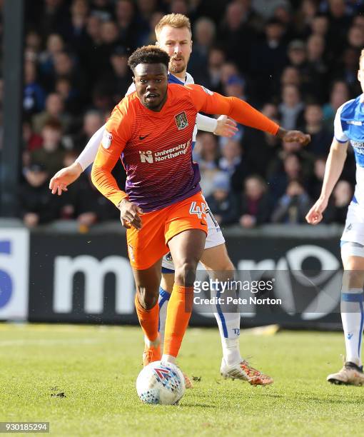 Gboly Ariyibi of Northampton Town moves forward with the ball during the Sky Bet League One match between Bristol Rovers and Northampton Town at...