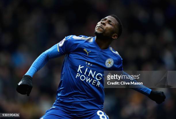 Kelechi Iheanacho of Leicester City celebrates after scoring his sides third goal during the Premier League match between West Bromwich Albion and...