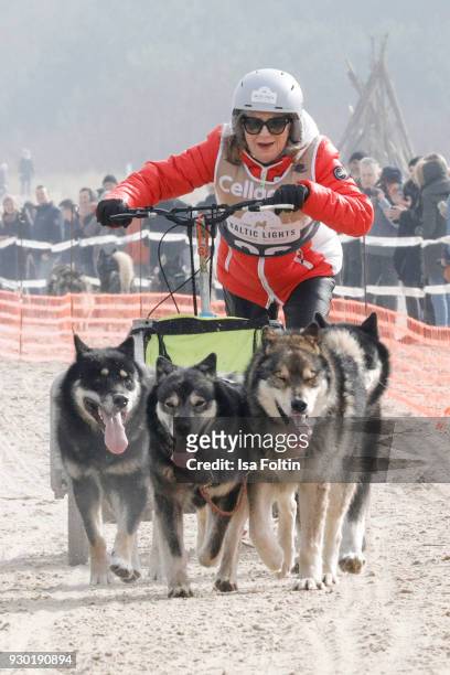 German actress Jutta Speidel runs with sled dogs during the 'Baltic Lights' charity event on March 10, 2018 in Heringsdorf, Germany. The annual event...