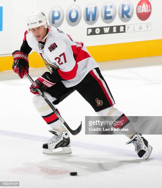 Alex Kovalev of the Ottawa Senators skates with the puck against the Philadelphia Flyers on November 12, 2009 at the Wachovia Center in Philadelphia,...