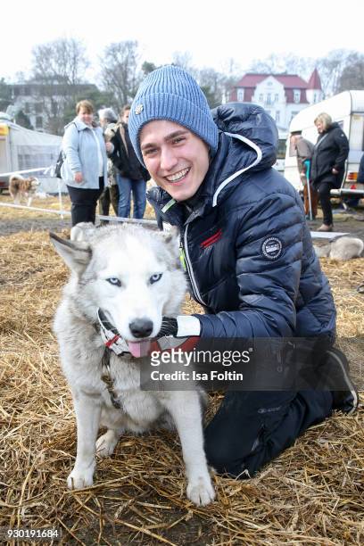 German actor Timothy Boldt plays with a sled dog during the 'Baltic Lights' charity event on March 10, 2018 in Heringsdorf, Germany. The annual event...