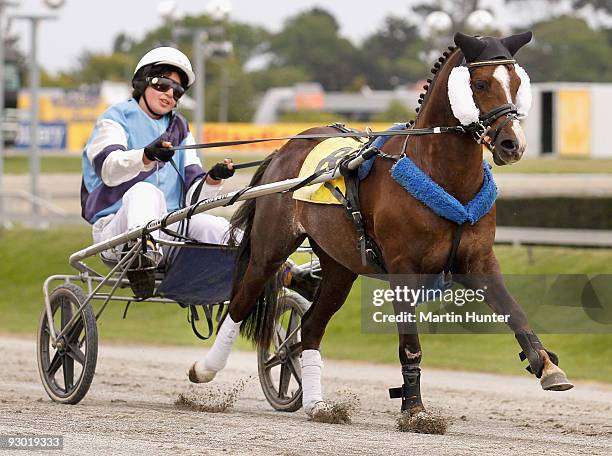 Jaeden Hanara drives Teddy in the Kidz Kartz NZ Trotting Cup during Lindauer Race Day at Addington Raceway on November 13, 2009 in Christchurch, New...