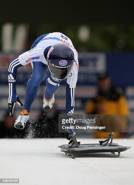 Shelley Rudman of Great Britain leaves the start on her first run enroute to finishing fourth in the Women's Skeleton World Cup at the Utah Olympic...