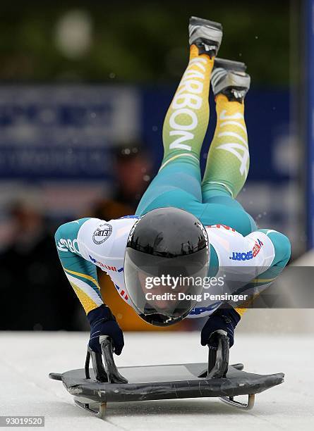 Michelle Steele of Australia leaves the start on her first run enroute to finishing 12th in the Women's Skeleton World Cup at the Utah Olympic Park...