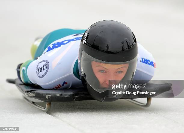 Michelle Steele of Australia leaves the start on her first run enroute to finishing 12th in the Women's Skeleton World Cup at the Utah Olympic Park...
