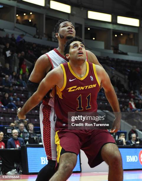 Grant Jerrett of the Canton Charge plays defense against Kennedy Meeks of the Raptors 905 during an NBA G-League game on March 10, 2018 at the...