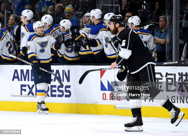 Ivan Barbashev of the St. Louis Blues celebrates his goal with the bench to take a 4-1 lead over the Los Angeles Kings during the second period at...