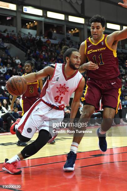 Kaza Keane of the Raptors 905 handles the ball against Grant Jerrett of the Canton Charge during an NBA G-League game on March 10, 2018 at the...