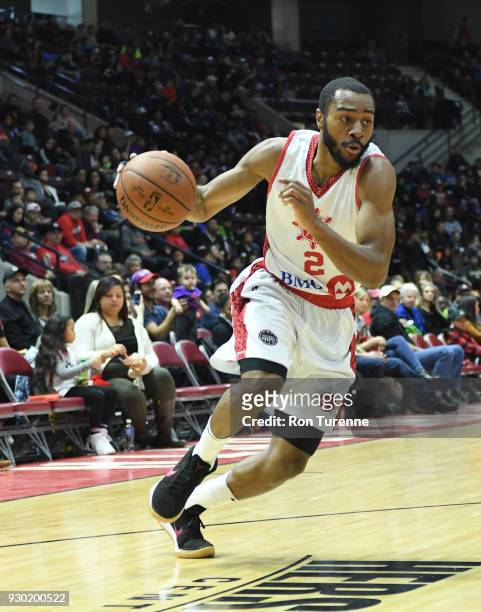 Aaron Best of the Raptors 905 handles the ball against the Canton Charge during an NBA G-League game on March 10, 2018 at the Hershey Centre in...
