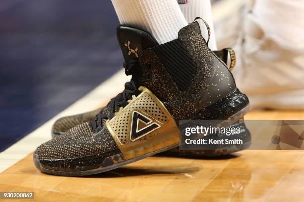 The sneakers of Dwight Howard of the Charlotte Hornets as seen during the game against the Phoenix Suns on March 10, 2018 at Spectrum Center in...