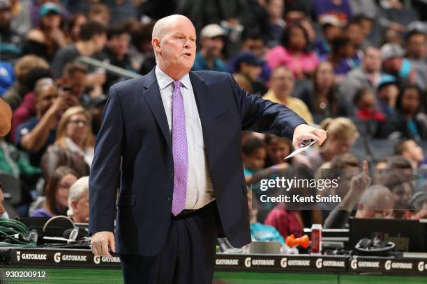 Coach Steve Clifford of the Charlotte Hornets watches on during the game against the Phoenix Suns on March 10, 2018 at Spectrum Center in Charlotte,...