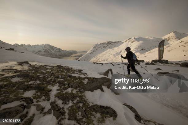 Kristin Brandtsegg Lome on the way up the first climb at The Arctic Triple - Lofoten Skimo on March 10, 2018 in Svolvaer, Norway. She later was the...