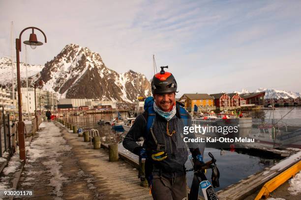 Matheo Jacquemoud from France is the first to finish the race at The Arctic Triple - Lofoten Skimo on March 10, 2018 in Svolvaer, Norway. Lofoten...