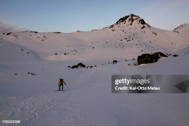 An athlete skiing at The Arctic Triple - Lofoten Skimo on March 10, 2018 in Svolvaer, Norway. Lofoten Skimo is one of three races organized under The...