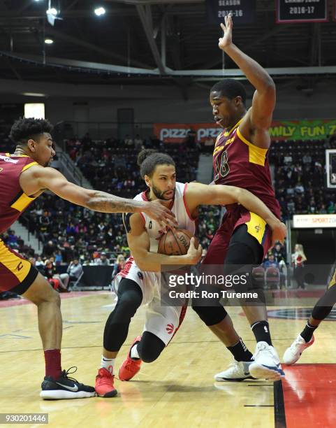 Kaza Keane of the Raptors 905 handles the ball against the Canton Charge during an NBA G-League game on March 10, 2018 at the Hershey Centre in...