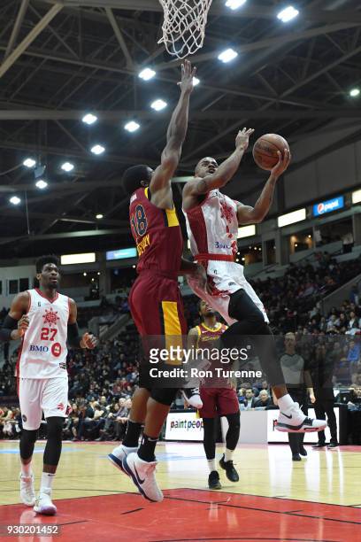 Lorenzo Brown of the Raptors 905 goes for a lay up against the Canton Charge during an NBA G-League game on March 10, 2018 at the Hershey Centre in...