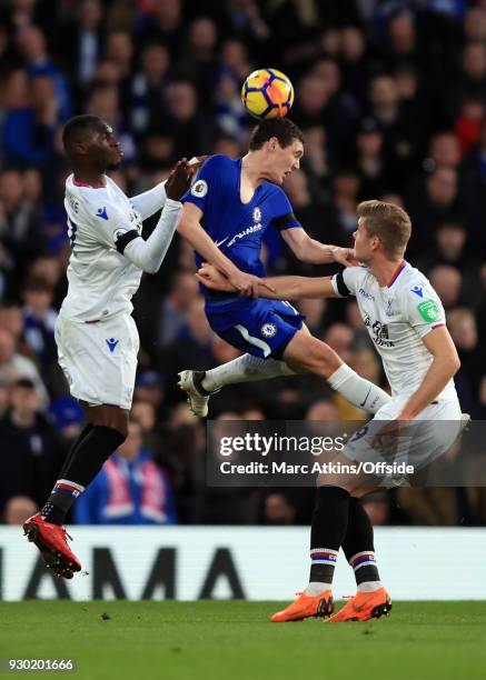 Andreas Christensen of Chelsea in action with Christian Benteke and Alexander Sorloth of Crystal Palace during the Premier League match between...