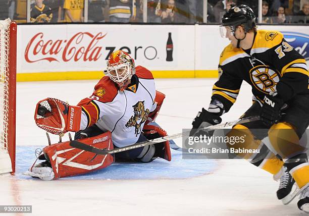 Tomas Vokoun the Florida Panthers makes a save during a shoot out against Michael Ryder of the Boston Bruins at the TD Garden on November 12, 2009 in...