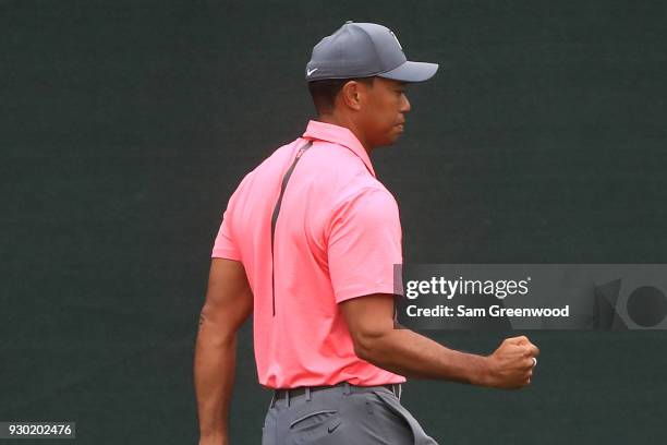 Tiger Woods reacts after a birdie on the ninth hole during the third round of the Valspar Championship at Innisbrook Resort Copperhead Course on...