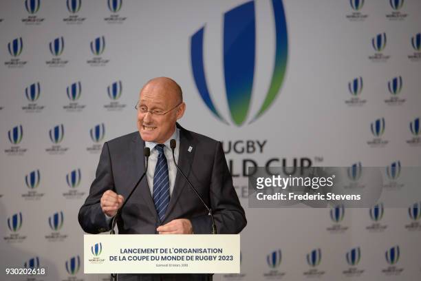 Bernard Laporte president of the french rugby union during his speech before the signing ceremony of the rugby world cup 2023 organization committee...