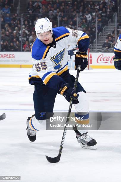 Colton Parayko of the St. Louis Blues handles the puck during a game against the Los Angeles Kings at STAPLES Center on March 10, 2018 in Los...