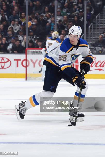 Colton Parayko of the St. Louis Blues handles the puck during a game against the Los Angeles Kings at STAPLES Center on March 10, 2018 in Los...