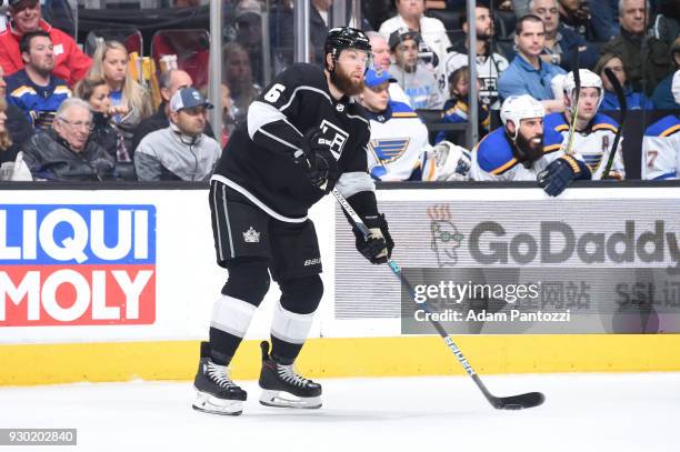 Jake Muzzin of the Los Angeles Kings handles the puck during a game against the St. Louis Blues at STAPLES Center on March 10, 2018 in Los Angeles,...