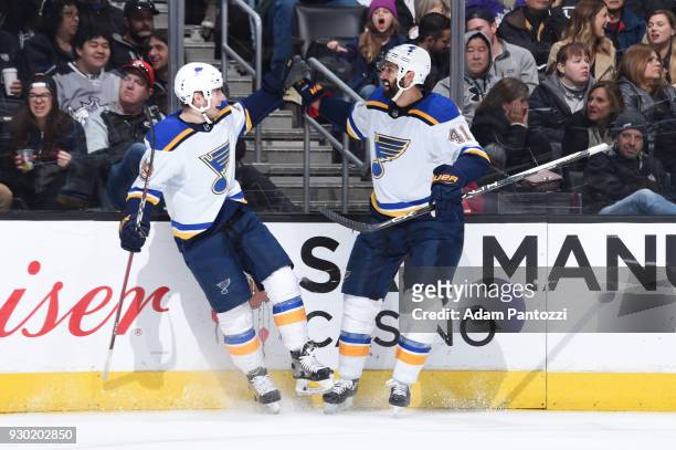 Ivan Barbashev and Robert Bortuzzo of the St. Louis Blues celebrate after scoring a goal against the Los Angeles Kings at STAPLES Center on March 10,...