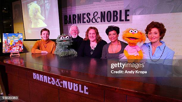 Author Louise Gikow, puppeteer Carroll Spinney with Oscar the Grouch, Executive Producer of Sesame Street Carol Lynn Parente, actress Sonia Manzano...