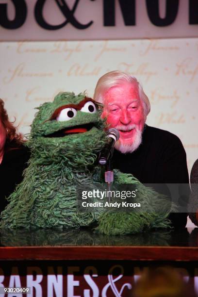 Puppeteer Carroll Spinney with Oscar the Grouch speaks at a promotion for "Sesame Street: A Celebration Of 40 Years Of Life On The Street" at Barnes...