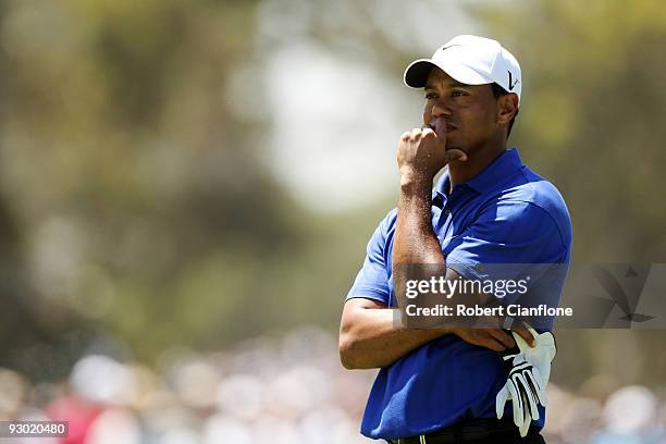 Tiger Woods of the USA prepares to play an approach shot on the 6th hole during round two of the 2009 Australian Masters at Kingston Heath Golf Club...