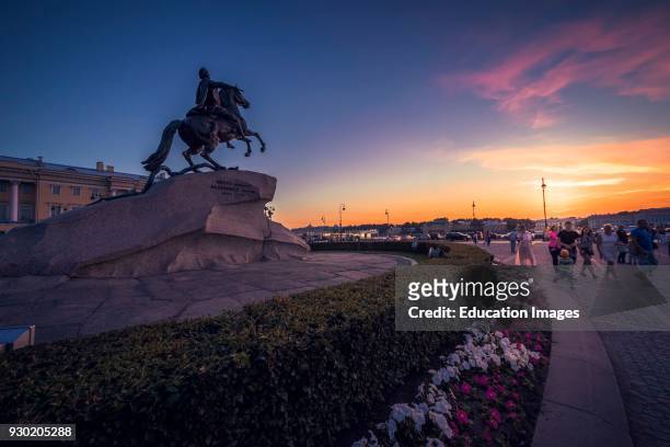Aleksandrovsky park with the Bronze Horseman, equestrian statue of Peter the Great, in Saint Petersburg sunset.