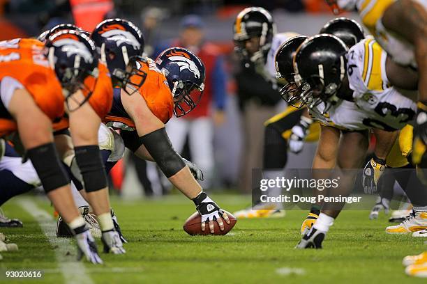 The Denver Broncos offense takes the line of scrimmage against the Pittsburgh Steelers defense on during NFL action at Invesco Field at Mile High on...