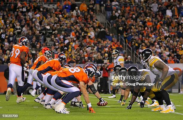 The Denver Broncos offense takes the line of scrimmage against the Pittsburgh Steelers defense on during NFL action at Invesco Field at Mile High on...