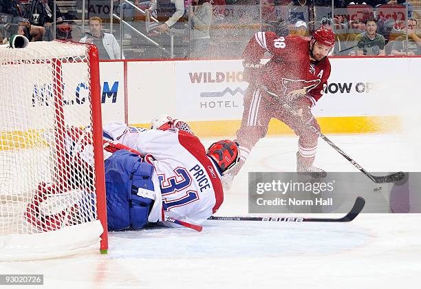 Vernon Fiddler of the Phoenix Coyotes fires a shot at Carey Price of the Montreal Canadiens on November 12, 2009 at Jobing.com Arena in Glendale,...