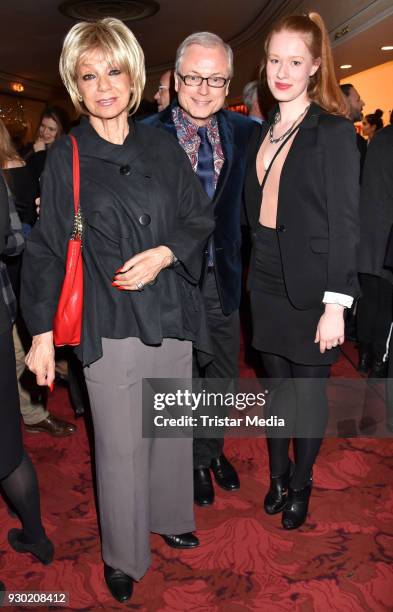 Judy Winter, Hans-Juergen Schatz and Feline Zimmermann attend the premiere 'Der Entertainer' on March 10, 2018 in Berlin, Germany.