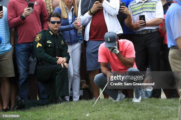 Tiger Woods reacts on the sixth hole during the third round of the Valspar Championship at Innisbrook Resort Copperhead Course on March 10, 2018 in...