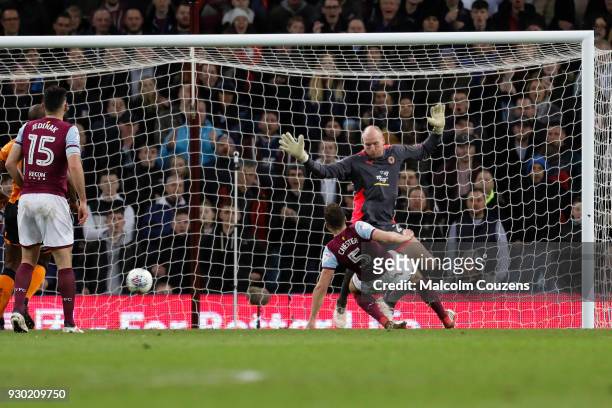 James Chester of Aston Villa scores a goal during the Sky Bet Championship match between Aston Villa and Wolverhampton Wanderers at Villa Park on...