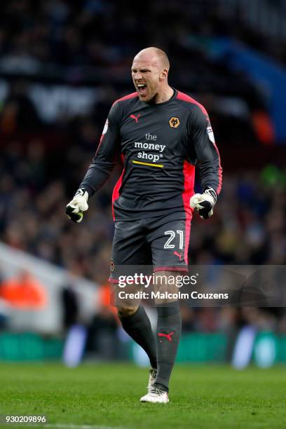 John Ruddy of Wolverhampton Wanderers reacts during the Sky Bet Championship match between Aston Villa and Wolverhampton Wanderers at Villa Park on...