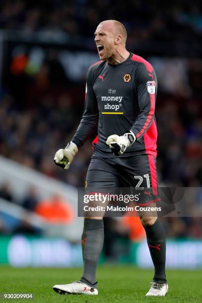 John Ruddy of Wolverhampton Wanderers reacts during the Sky Bet Championship match between Aston Villa and Wolverhampton Wanderers at Villa Park on...