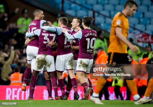 James Chester of Aston Villa scores for Aston Villa during the Sky Bet Championship match between Aston Villa and Wolverhampton Wanderers at Villa...