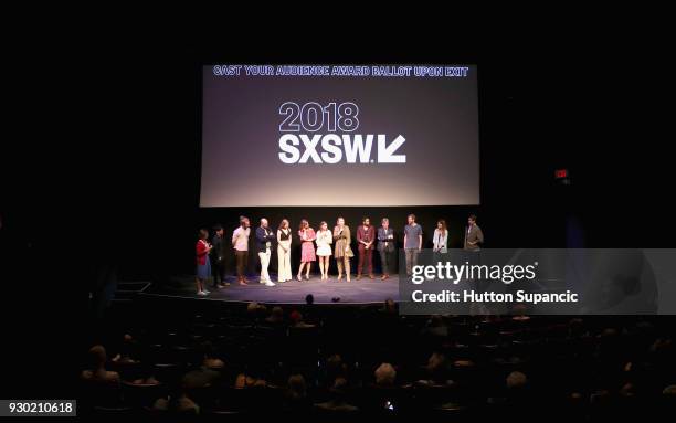 Actor Paul Scheer, Kelly Lamor Wilson, Andrea Savage, Joey King, director Becca Gleason and Stephen Ruffin with cast and crew speak onstage at the...