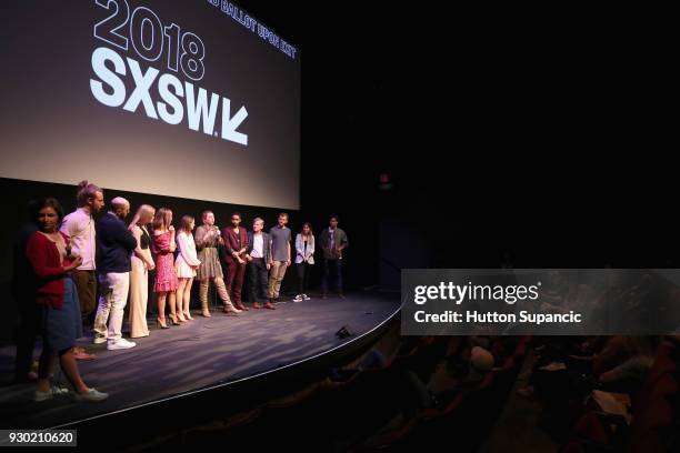 Actor Paul Scheer, Kelly Lamor Wilson, Andrea Savage, Joey King, director Becca Gleason and Stephen Ruffin with cast and crew speak onstage at the...