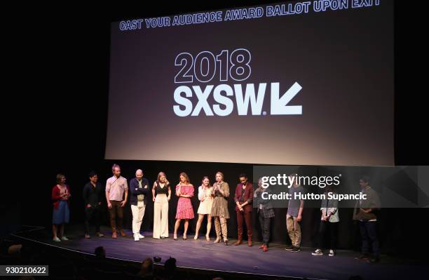 Actor Paul Scheer, Kelly Lamor Wilson, Andrea Savage, Joey King, director Becca Gleason and Stephen Ruffin with cast and crew speak onstage at the...