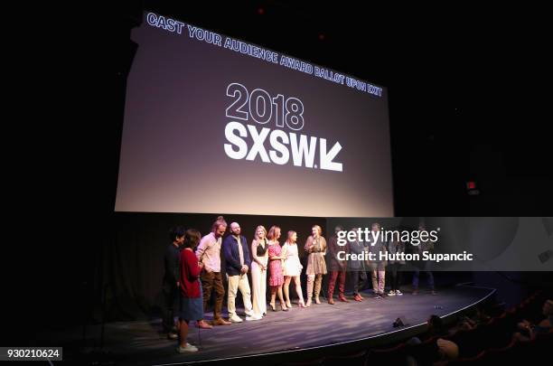 Actor Paul Scheer, Kelly Lamor Wilson, Andrea Savage, Joey King, director Becca Gleason and Stephen Ruffin with cast and crew speak onstage at the...