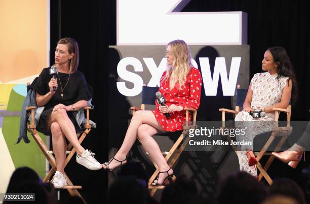 Amy Powell, President of Paramount Television, actors Dakota Fanning and Karrueche Tran speak onstage during Turner Leading Ladies during SXSW at...