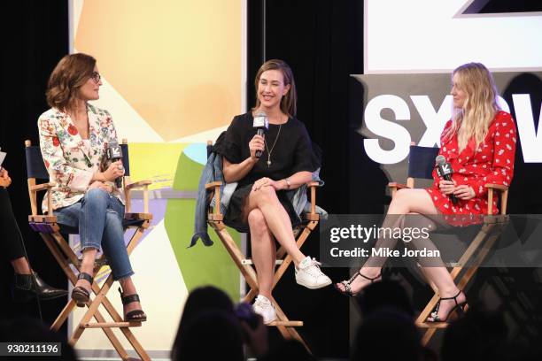 Sarah Aubrey, TNT EVP of Original Programming, Amy Powell, President of Paramount Television, and actor Dakota Fanning speak onstage at Informal &...
